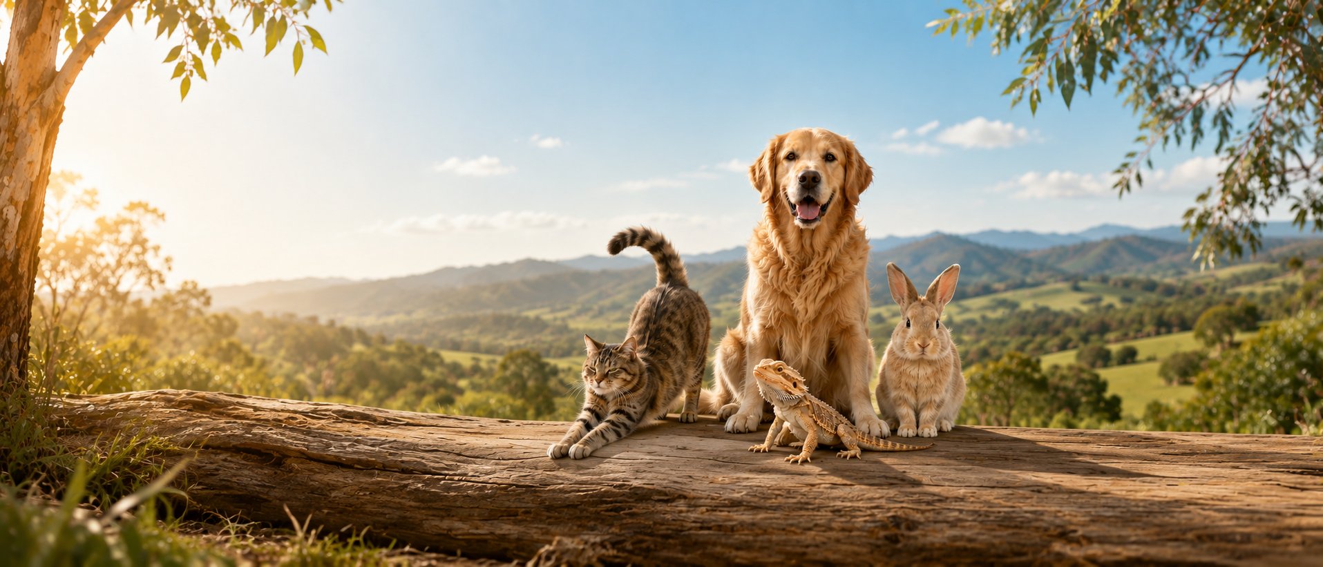 A dog, cat, rabbit and bearded dragon together outdoors in Australia