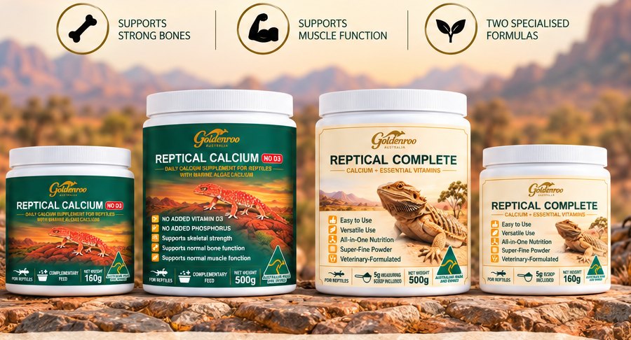 The Goldenroo Reptical Calcium and Reptical Complete supplement tubs on a sandstone ledge
