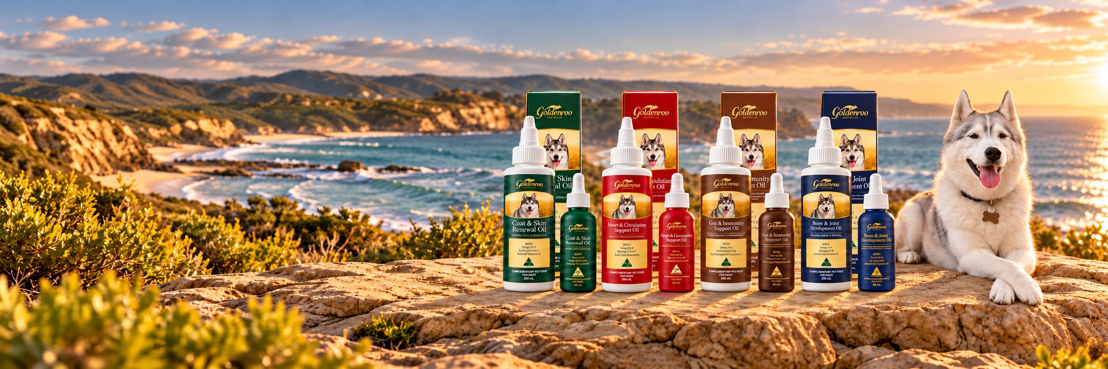 Goldenroo dog care oils beside a husky on the Australian coast at sunset