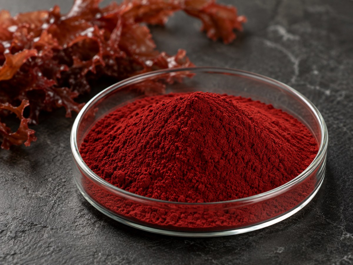 Deep red astaxanthin powder in a laboratory dish beside red algae