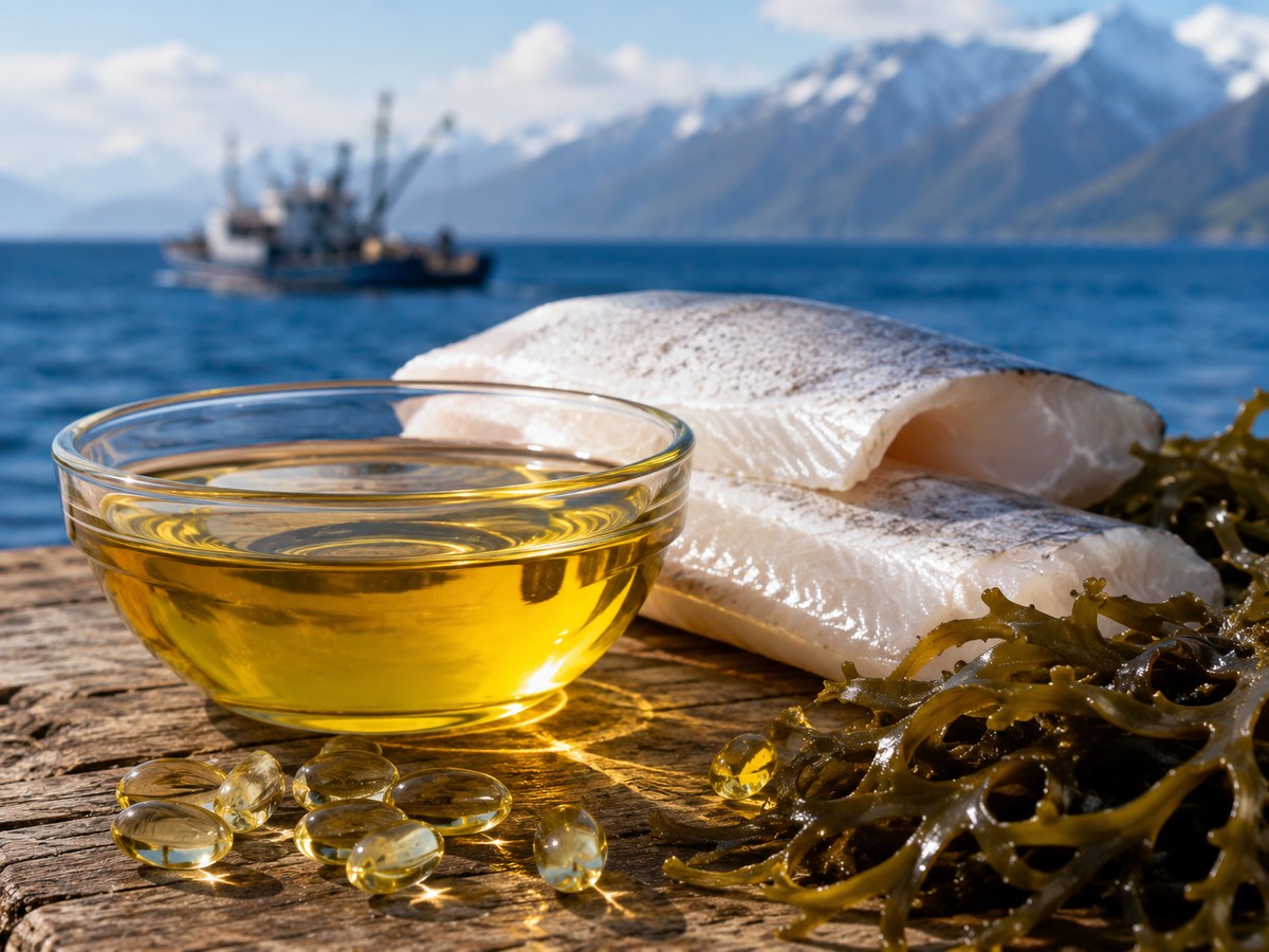 A bowl of hoki oil beside hoki fillets and kelp by the sea
