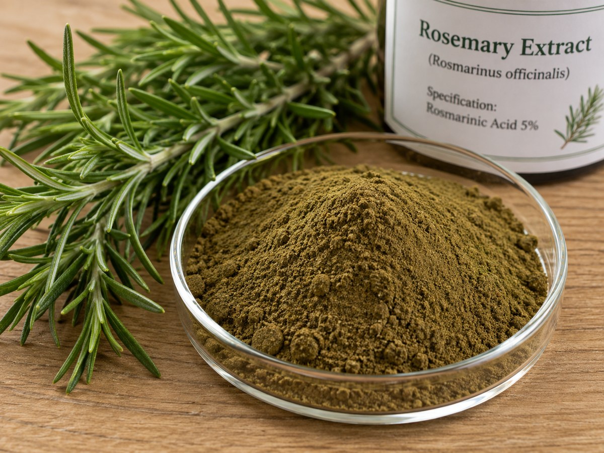 Rosemary extract powder in a bowl beside fresh rosemary sprigs
