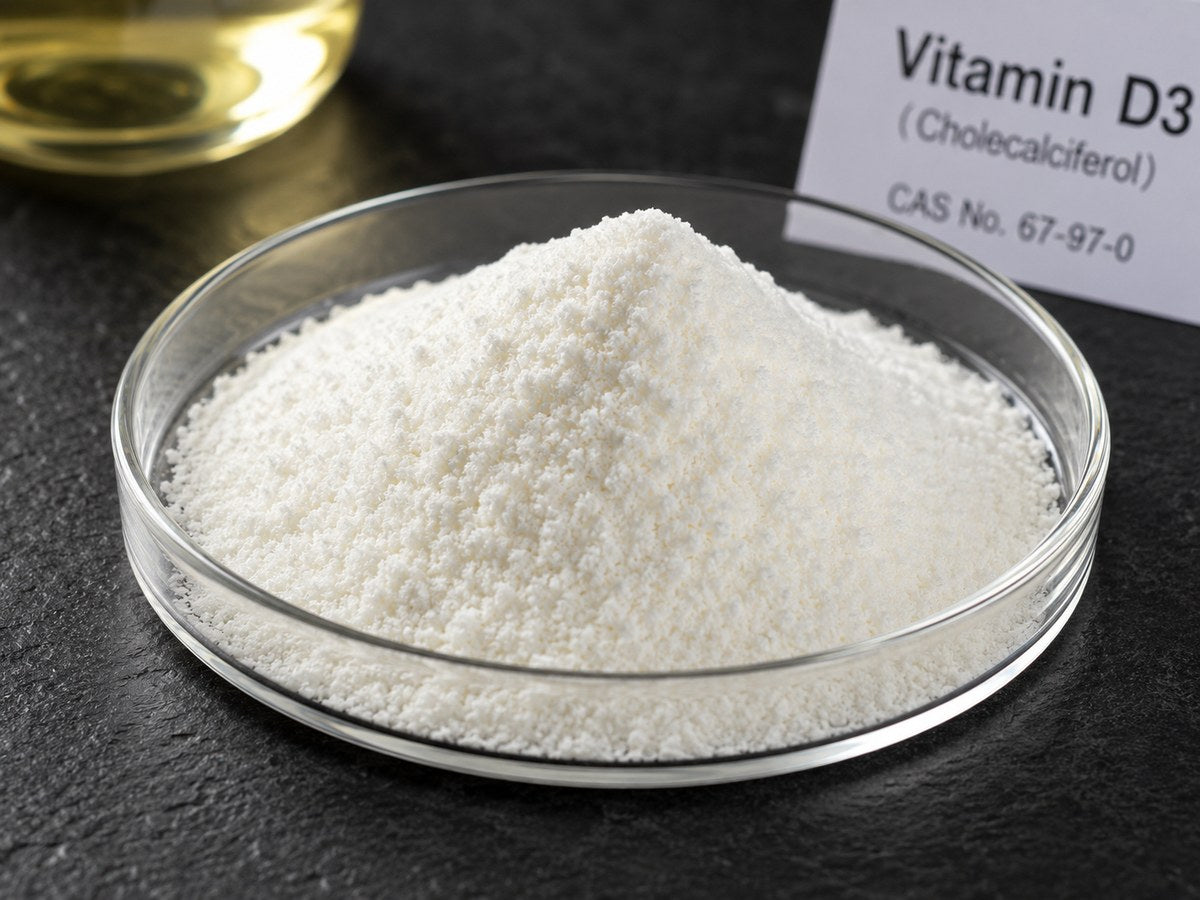 Vitamin D3 powder in a laboratory dish