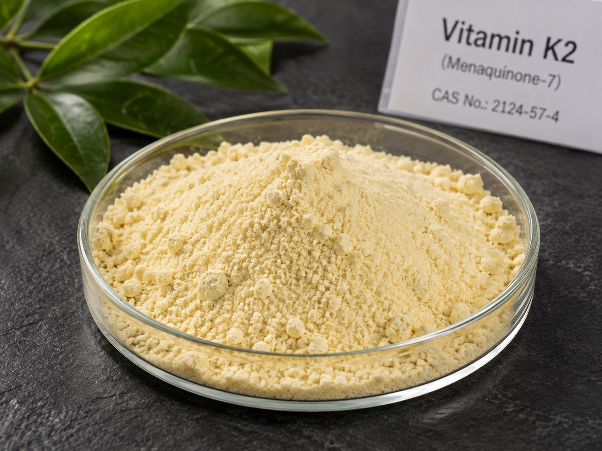 Vitamin K2 powder in a laboratory dish beside green leaves