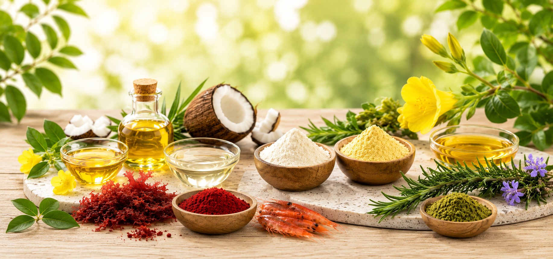 Natural ingredients including oils, coconut, powders, krill and herbs on a wooden bench