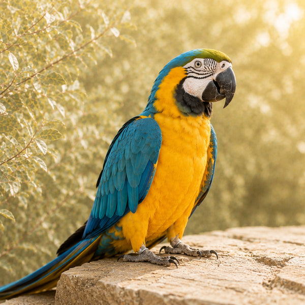 Blue and gold macaw perched on a sunlit stone ledge