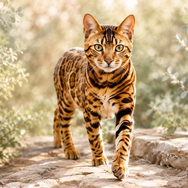 Bengal cat walking across a sunlit stone ledge