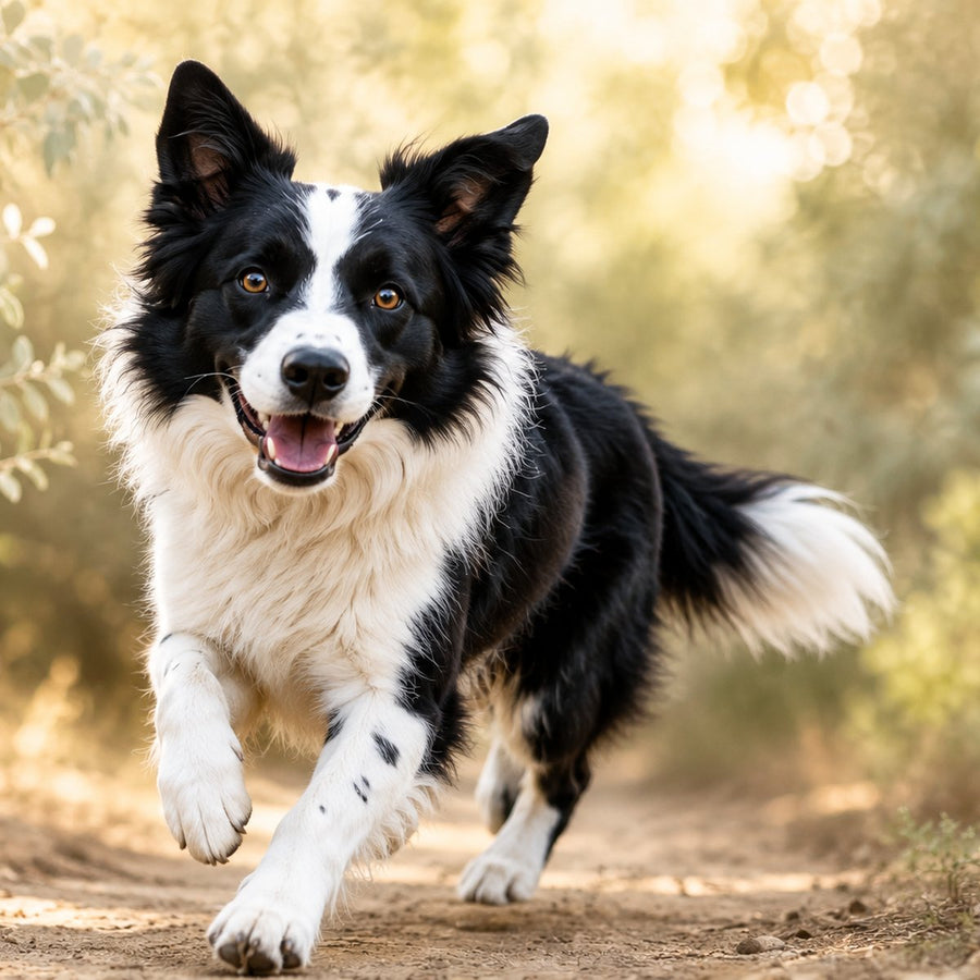 Black and white border collie running along a sunlit dirt path