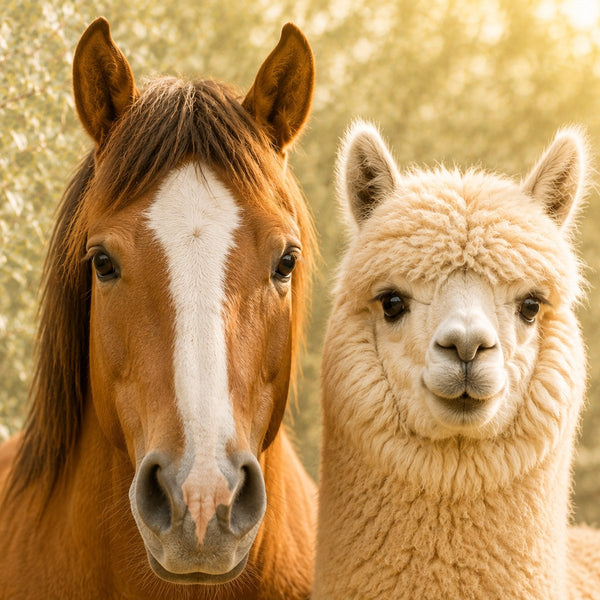 Chestnut horse and a cream alpaca standing side by side