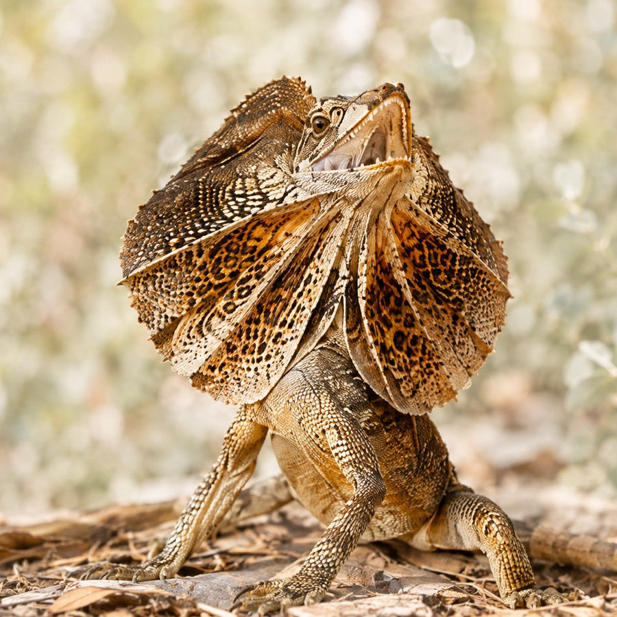 Frilled-neck lizard with its frill fanned out on the forest floor
