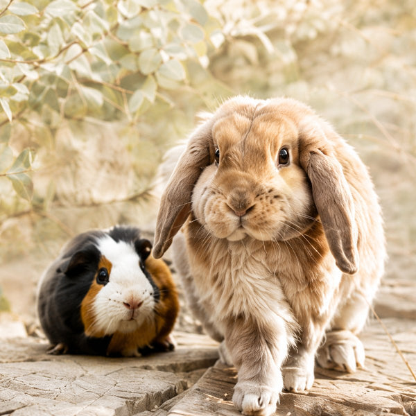 Lop-eared rabbit and a tricolour guinea pig side by side on a sunlit rock